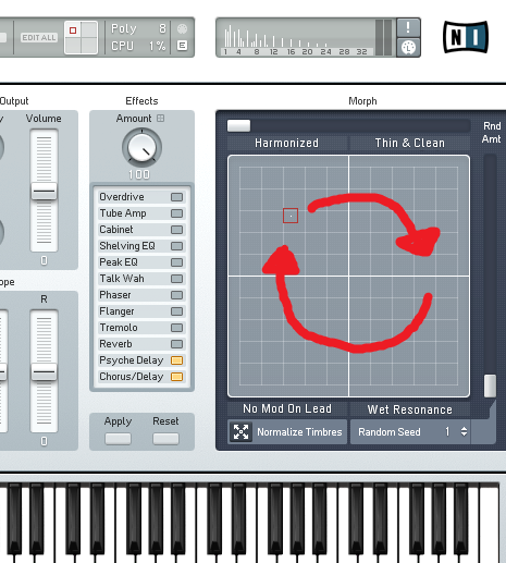 The diagram I posted on the Native Instruments forum in 2013, asking for a mod-wheel rotation of the morph square. Thirteen years later it is the Morph Rotate control.