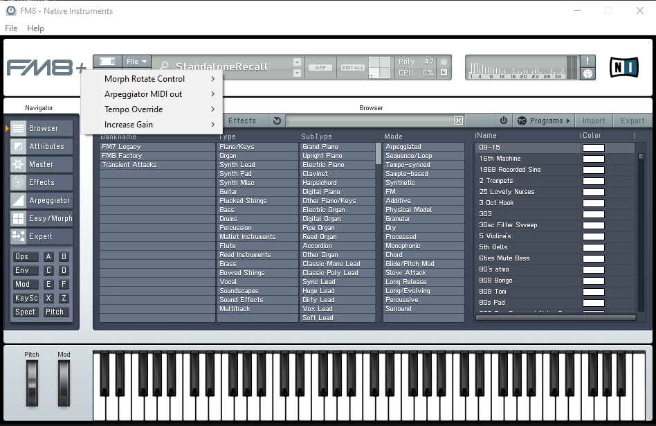 FM8+ with the new menu open. Click the + beside the FM8 logo.