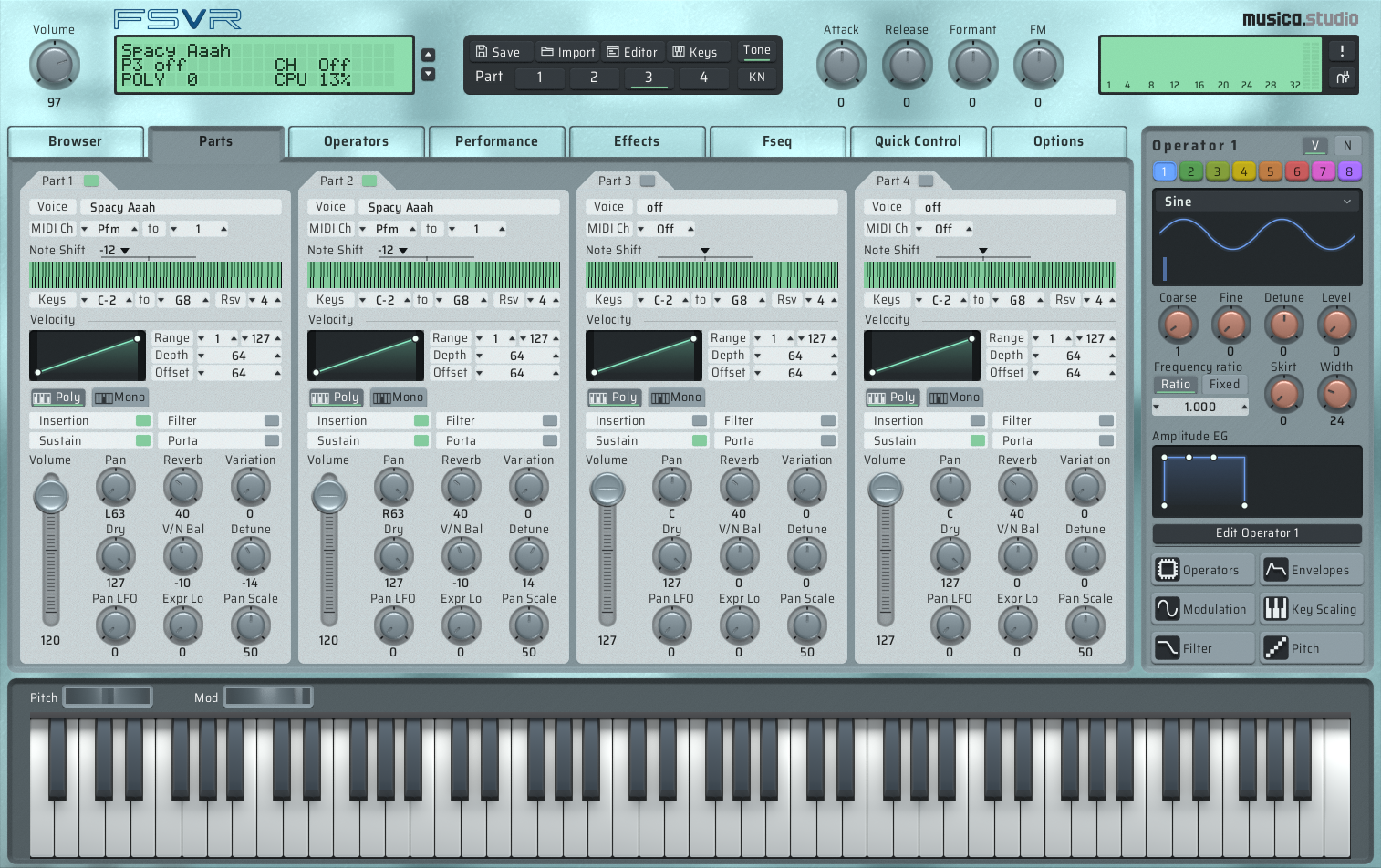 The standalone on its Parts page: all four parts side by side, the operator column on the right and the keyboard below.