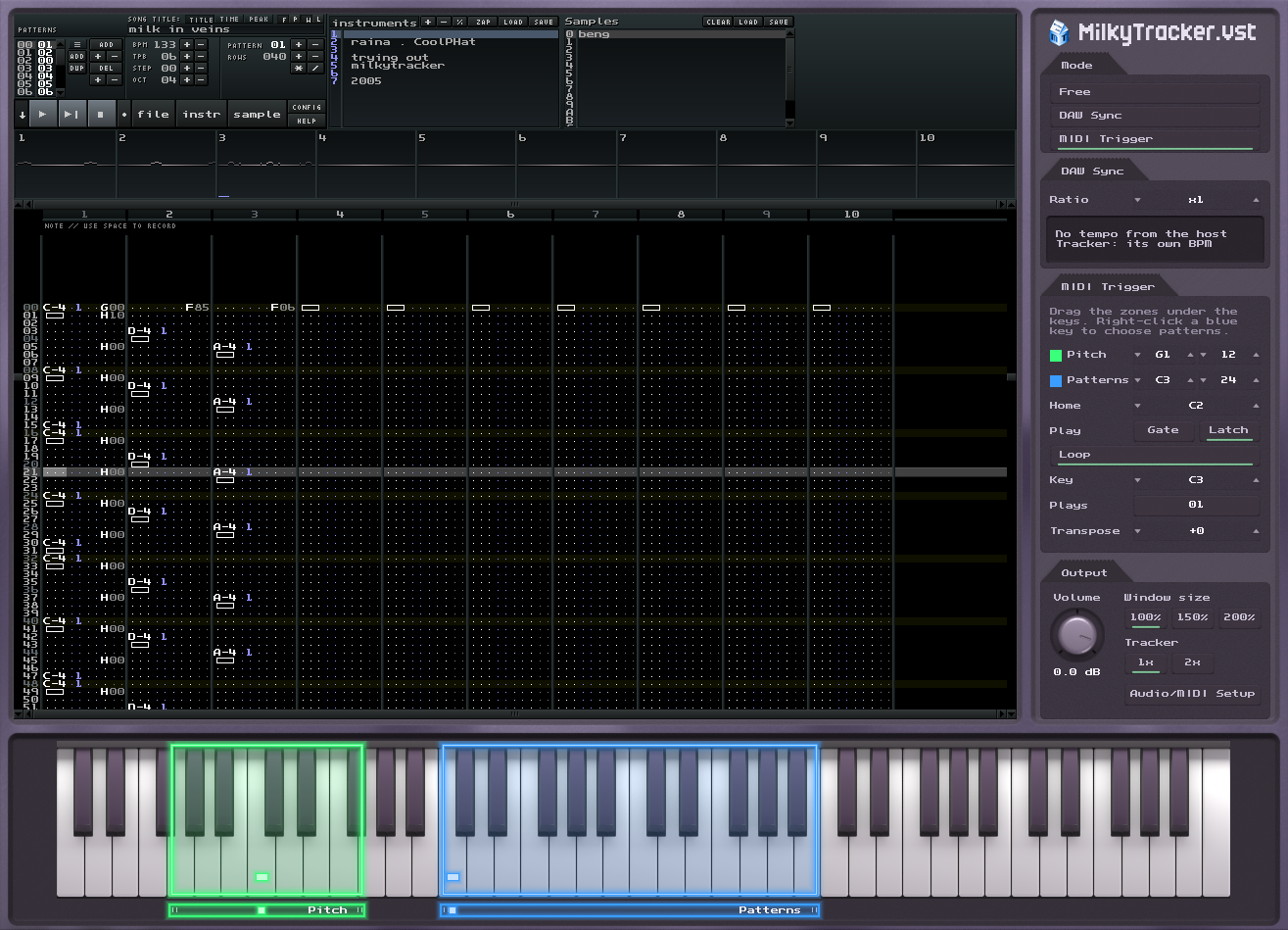 MilkyTracker.vst in MIDI Trigger mode: the tracker on the left, the mode column on the right, and the green pitch and blue pattern zones on the keyboard.